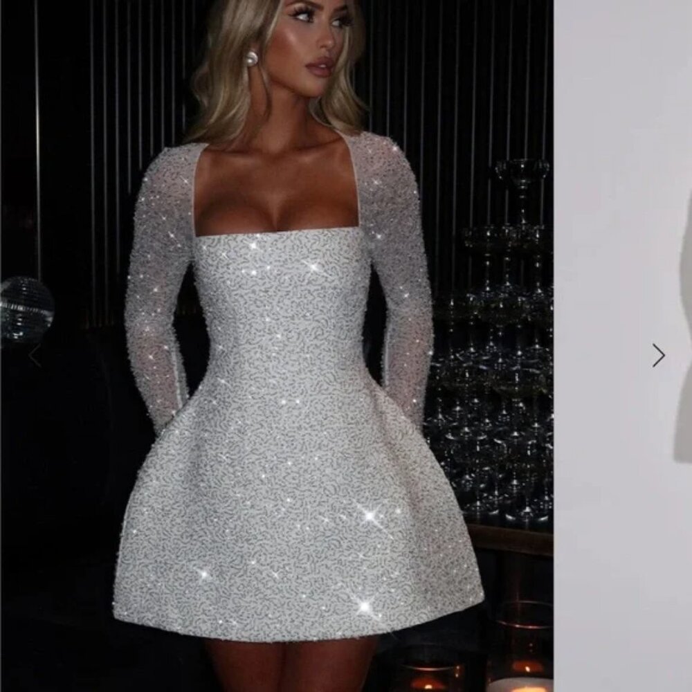 BABY BOO Annabelle Dress Womens Small Sequin Mesh Corset Long Sleeve Mini Bridal
